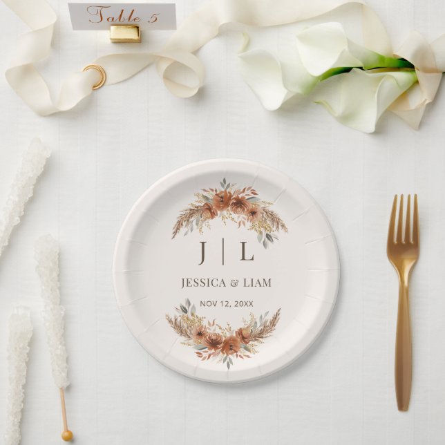 Boho Terrakotta Rust Herbst Blumen Hochzeit  Pappteller (Hochzeit)