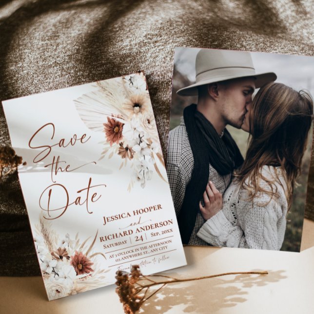 Boho-Terrakotta-Rustikale Hochzeits-Einladungskart (Boho Terracotta Rustic Wedding Photo Save the Date  Card)