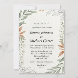 Boho-Terrakotta- und Salbeigrün-Botanical-Hochzeit Save The Date