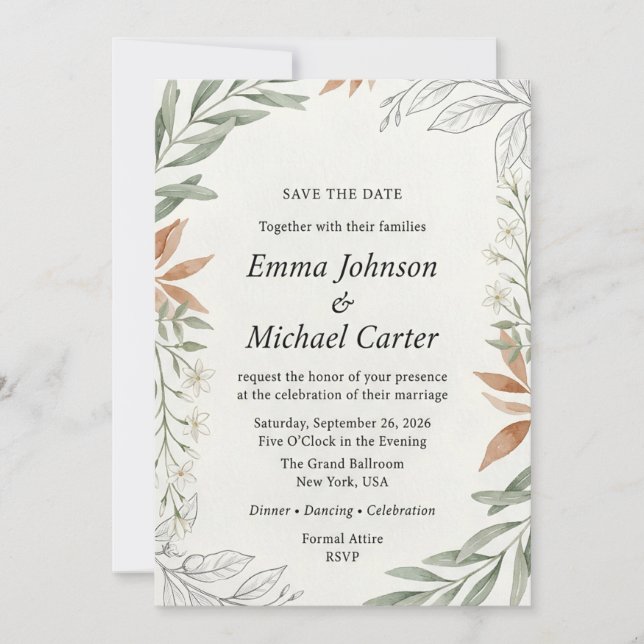 Boho-Terrakotta- und Salbeigrün-Botanical-Hochzeit Save The Date (Vorderseite)