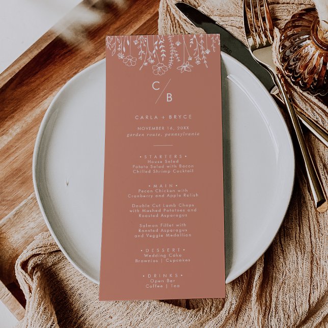 Boho-Terrakotta-Wildblumen-Monogramm-Hochzeitsmenü Menükarte (Von Creator hochgeladen)