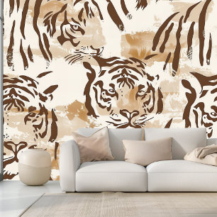 Boho Tiger Animal Print in Soft Beige und Brown Tapete