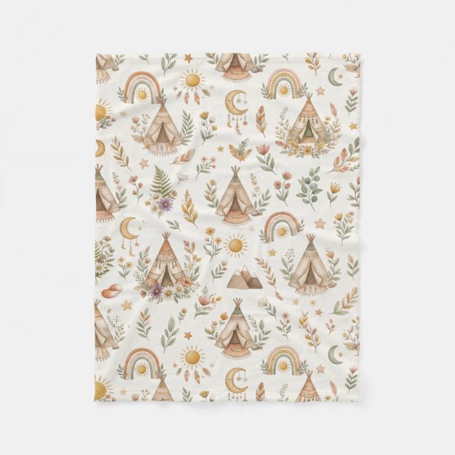 Boho-Tipi und Wald-Regenbogen-Neutrales Baby  Fleecedecke (Vorderseite)