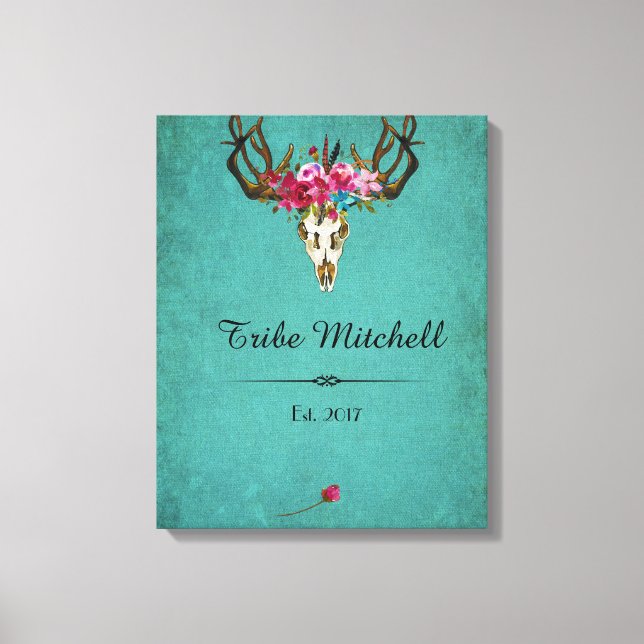 Boho-Totenkopf-Blumen-Familienname-Wand-Leinwand Leinwanddruck (Vorderseite)