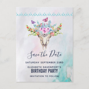Boho-Totenkopf mit Blumenstrauß - Save the Date Postkarte