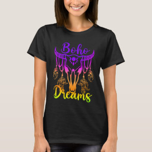 Boho-Träume Rinderschädel Federn Helle Regenbogen- T-Shirt