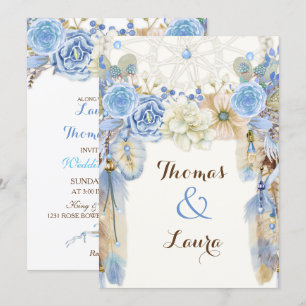 Boho-Traumfänger Watercolor Blau Beige Einladung