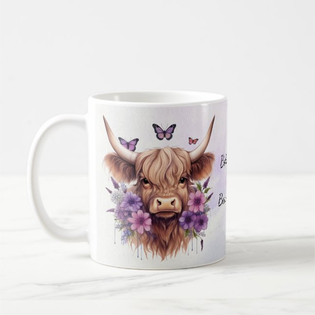 Boho träumt floral Lila Highland Cow Whimsical Kaffeetasse (Links)