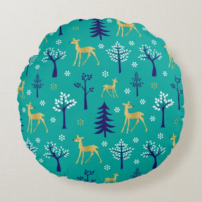 Boho Trees Gold Deers Modern Rundes Kissen (Vorderseite)