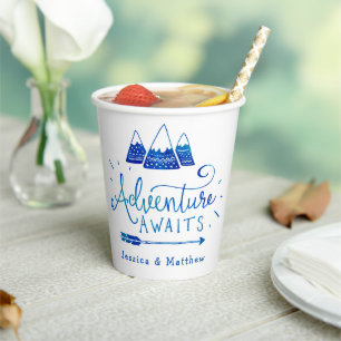 Boho Tribal Blue "Adventure Awaits" Baby Shower Pappbecher