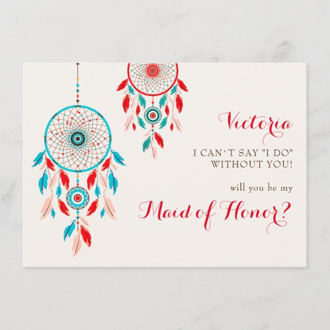 Boho Tribal feather Dreamcatcher Bridesmaid Cards Menükarte (Vorderseite)