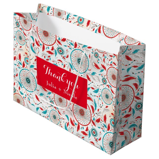 Boho Tribal feather Dreamcatcher Wedding Große Geschenktüte (Vorderseite Schrägansicht)