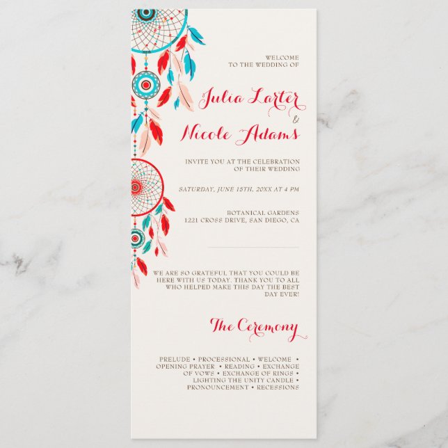 Boho Tribal feather Dreamcatcher Wedding Programm (Vorderseite)