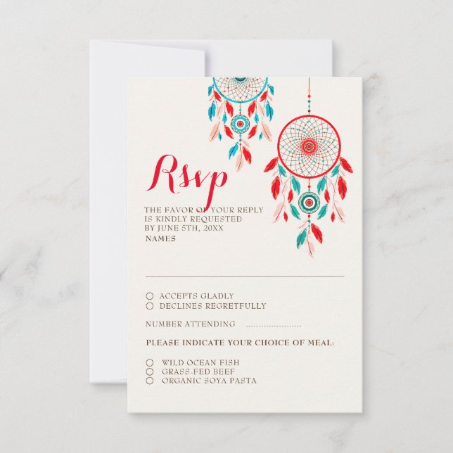 Boho Tribal feather Dreamcatcher Wedding RSVP Card (Vorderseite)