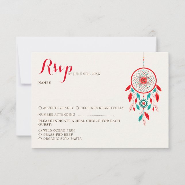 Boho Tribal feather Dreamcatcher Wedding RSVP Karte (Vorderseite)