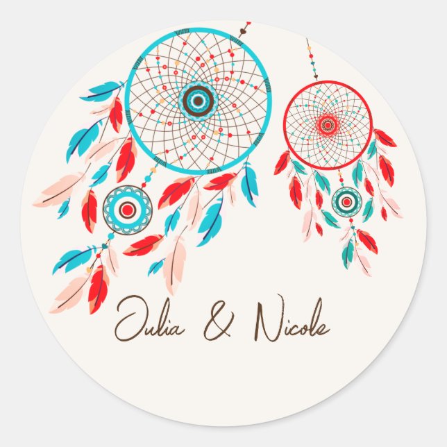 Boho Tribal feather Dreamcatcher Wedding Runder Aufkleber (Vorderseite)