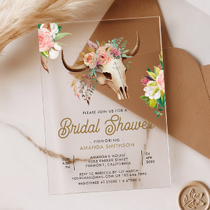 Boho-Tribal-Floral-Kuh-Schädel-Braut-Party Acryleinladungen