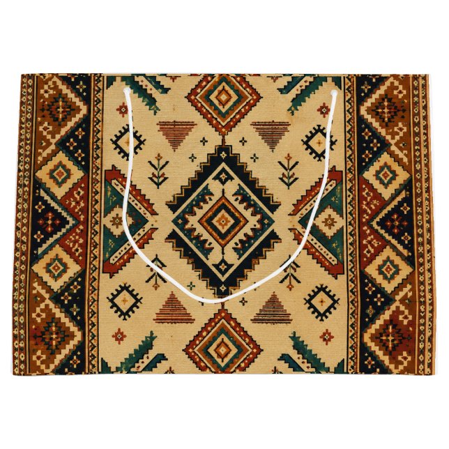 Boho-Tribal-Kilim-Muster-Geschenktasche | Rustikal Große Geschenktüte (Vorderseite)