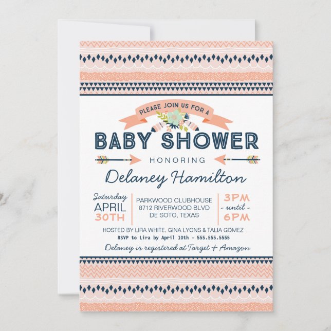 Boho Tribal Peach and Navy Ethnic Baby Shower Einladung (Vorderseite)