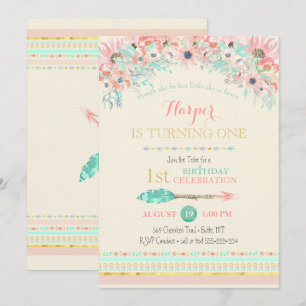 Boho Tribal Peach Minze Arrow Floral Wasserfarben Einladung