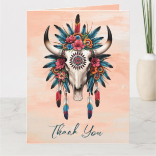Boho Tribal Watercolor Floral Cow Skull Wedding Dankeskarte