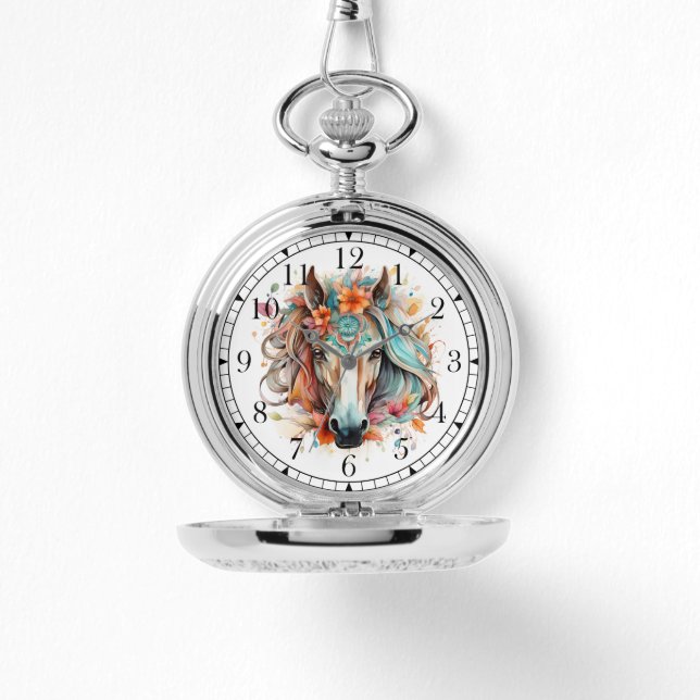 Boho Tribal Watercolor Horse Stilvolle Chic Womans Armbanduhr (Vorderseite)