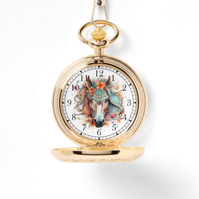 Boho Tribal Watercolor Horse Stilvolle Chic Womans Armbanduhr (Vorderseite)