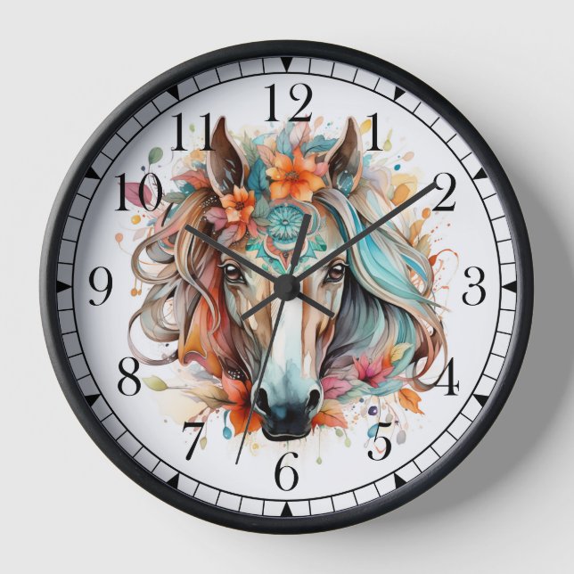 Boho Tribal Watercolor Horse Stylish Chic Uhr (Vorderseite)