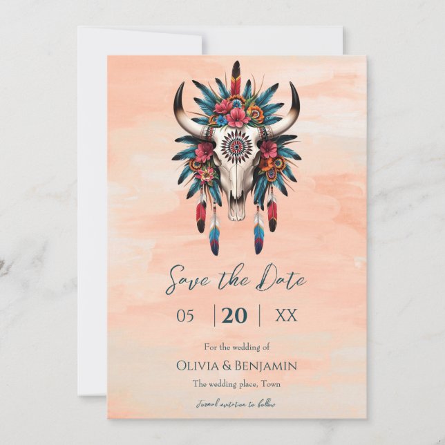 Boho Triball Watercolor Blumenkuh Skull Hochzeit Save The Date (Vorderseite)