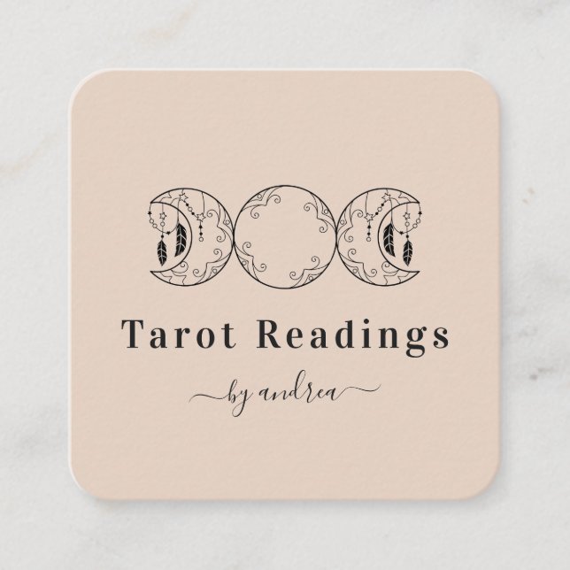 Boho Triple Moon & Feathers Beige Energy Healer Quadratische Visitenkarte (Vorderseite)