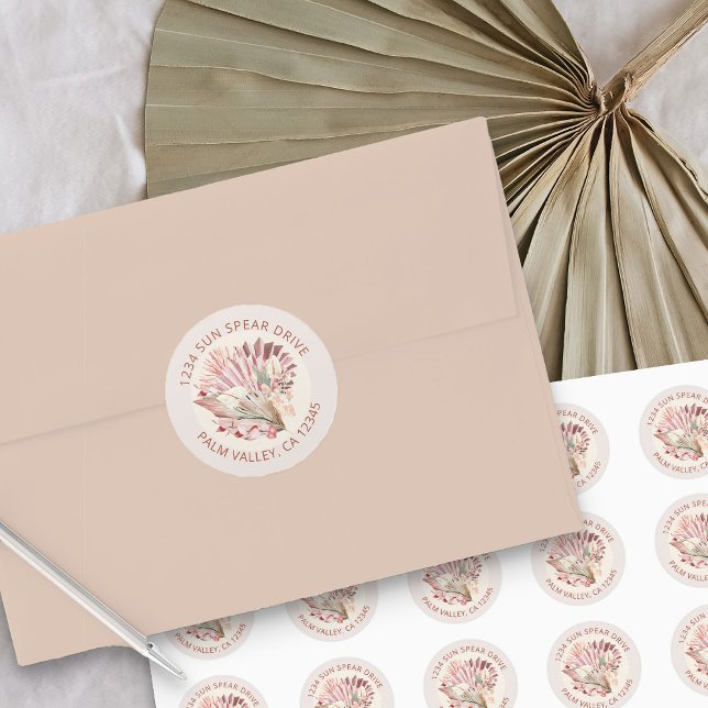 Boho Trockenpalme Tropical Foliage Rücksendeadress Runder Aufkleber (Round address labels from my Boho Palm Bridal Shower Collection)