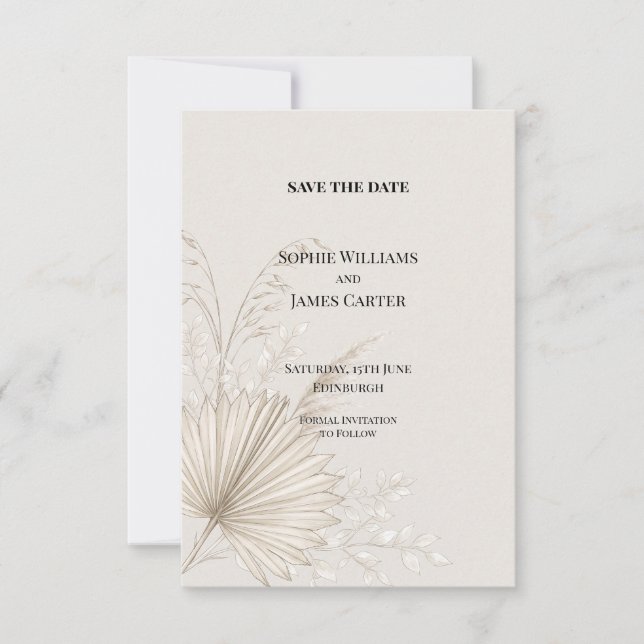 Boho-Trockenpalmen-Hochzeit - Termin vormerken Save The Date (Vorderseite)