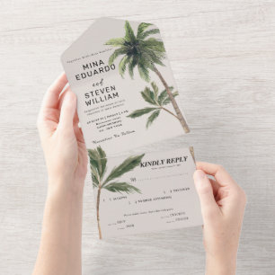Boho-Tropen-Wasserfarbe Palm Beach-Hochzeit All In One Einladung