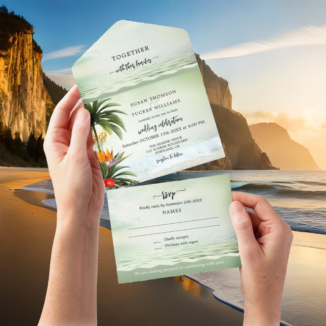 Boho Tropical Beach - Einladung zur Hochzeit (All in one beach wedding invitation featuring a tropical design with palm trees and festive lanterns)
