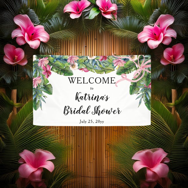 Boho Tropical Blätter | Rosa Brautparty Banner (Boho Tropical Hibiscus and Greenery with Pink Coquette Bow Bridal Shower Banner)