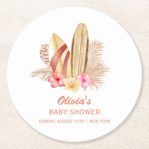 Boho Tropical Blume SurfIng Babydusche Runder Pappuntersetzer