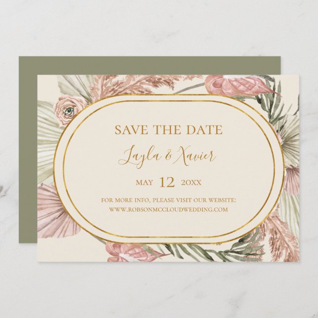 Boho Tropical Botanical | Horizontales Olivenöl Save The Date (Vorne/Hinten)