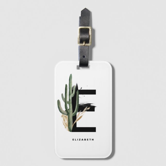 Boho Tropical Cactus Letter E Monogram Bridesmaid Gepäckanhänger (Vorderseite Vertikal)
