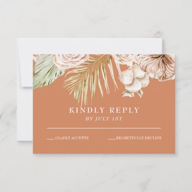 Boho Tropical Floral and palm terracotta wedding R RSVP Karte (Vorderseite)