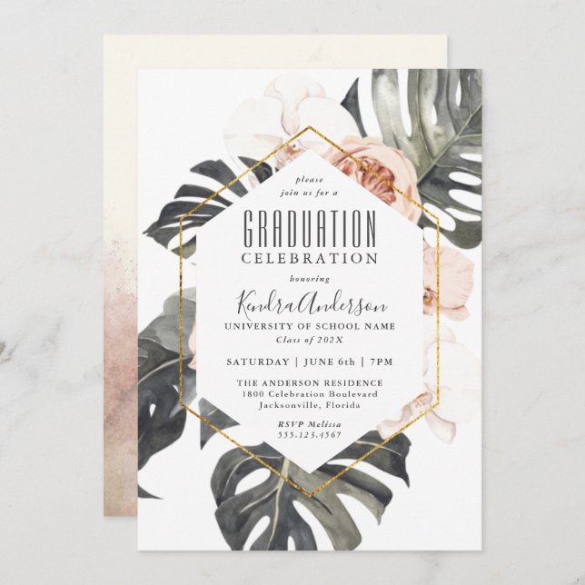 Boho Tropical Floral Graduation Party Einladung (Vorne/Hinten)