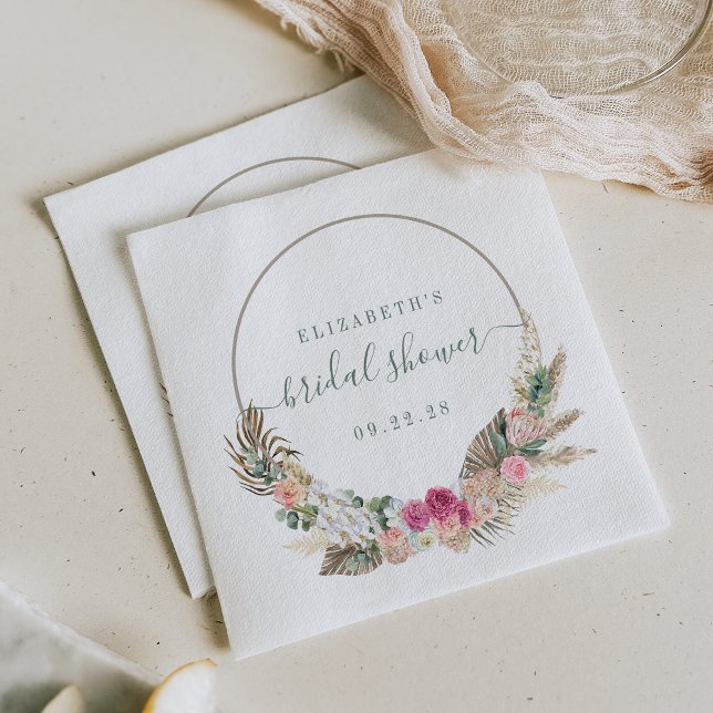 Boho Tropical Floral Green Pink Brautparty Serviette (Von Creator hochgeladen)