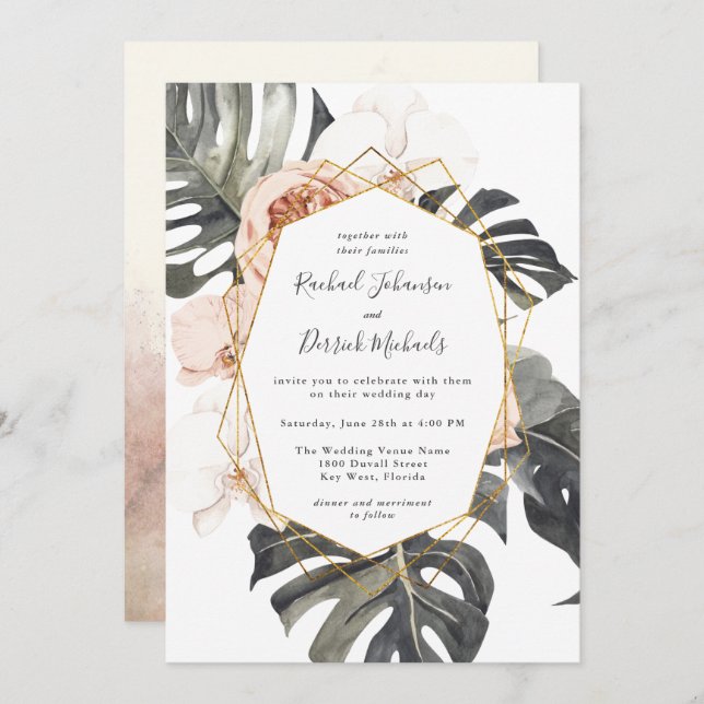 Boho Tropical Floral with Geometric Frame Wedding Einladung (Vorne/Hinten)