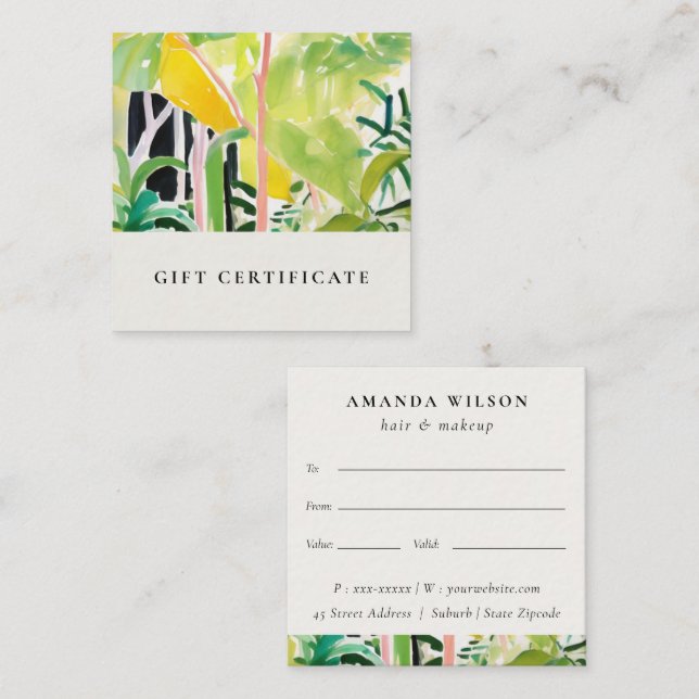 Boho Tropical Foliage Botanical Gift Certificate Quadratische Visitenkarte (Vorne/Hinten)