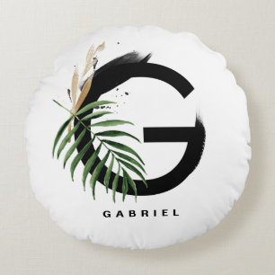 Boho Tropical Greenerenerity Letter G Monogram Rundes Kissen