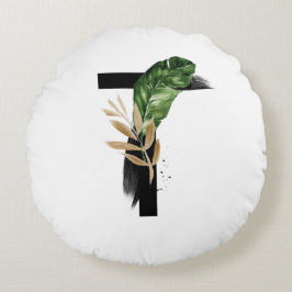 Boho Tropical Greenerenerity Letter T Monogram Rundes Kissen