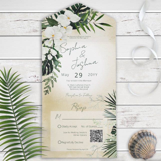 Boho Tropical Greenery Modern Sand QR All In One Einladung (Von Creator hochgeladen)