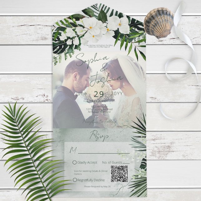 Boho Tropical Greenery Modernes Foto QR Code All In One Einladung (Von Creator hochgeladen)