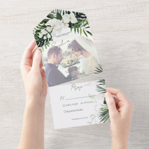 Boho Tropical Greenery Modernes Weiß Foto CUSTOM All In One Einladung