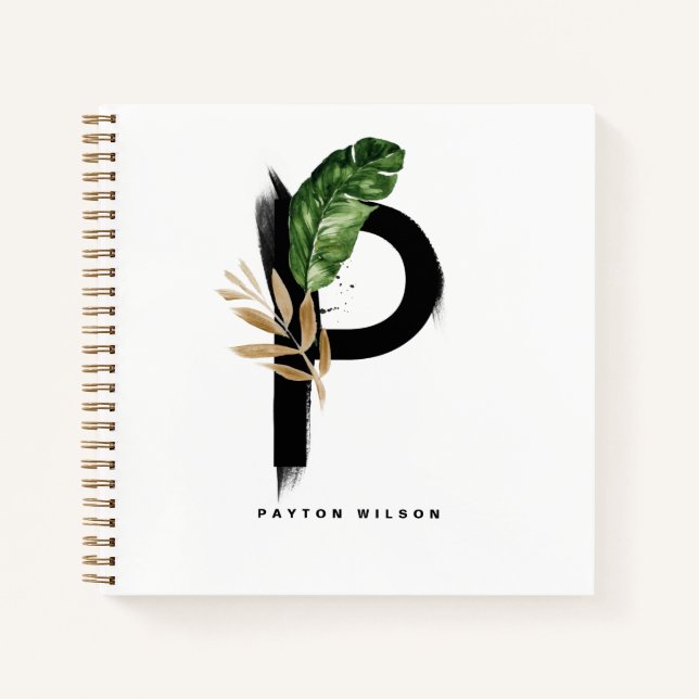 Boho Tropical Letter P Monogram Palm Blätter Notizbuch (Vorderseite)