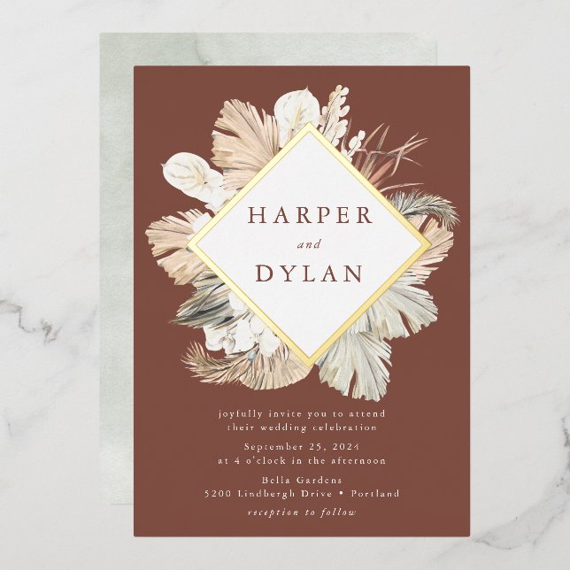 Boho Tropical Liebe Diamond Frame Wedding Gold Folieneinladung (Vorderseite/Rückseite)